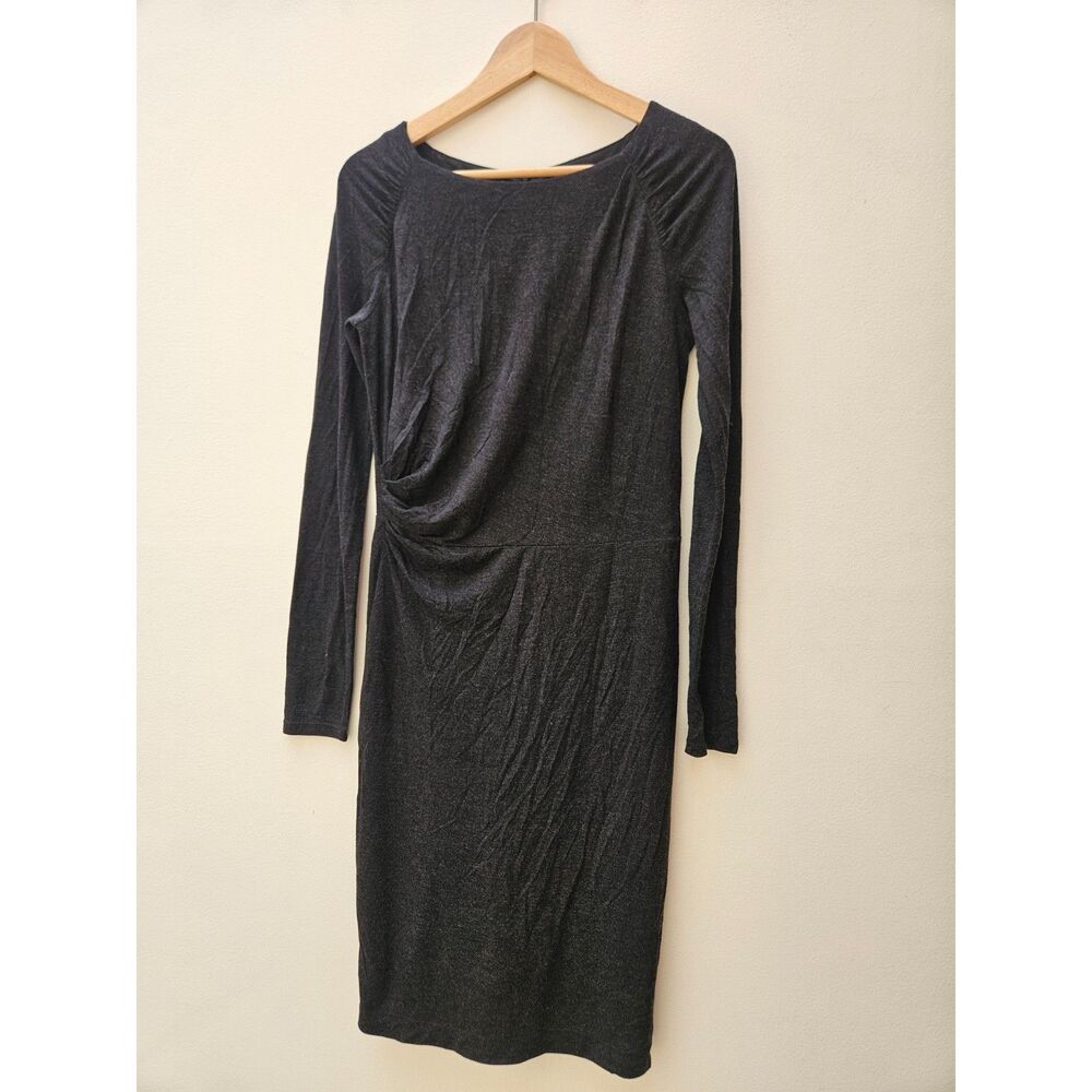 Ann Taylor LOFT elegant ruched waist charcoal gray knit midi long sleeve dress